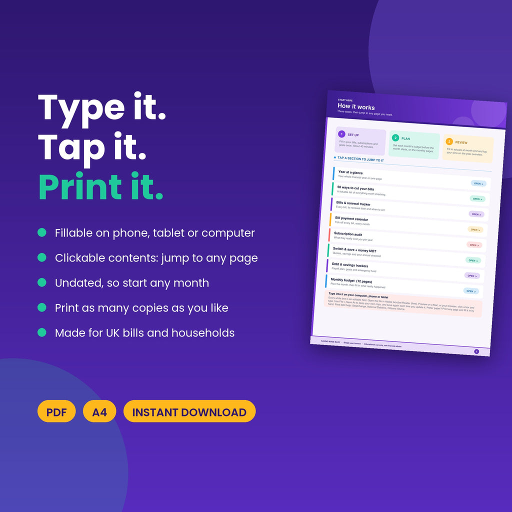 Fillable, clickable and printable planner features