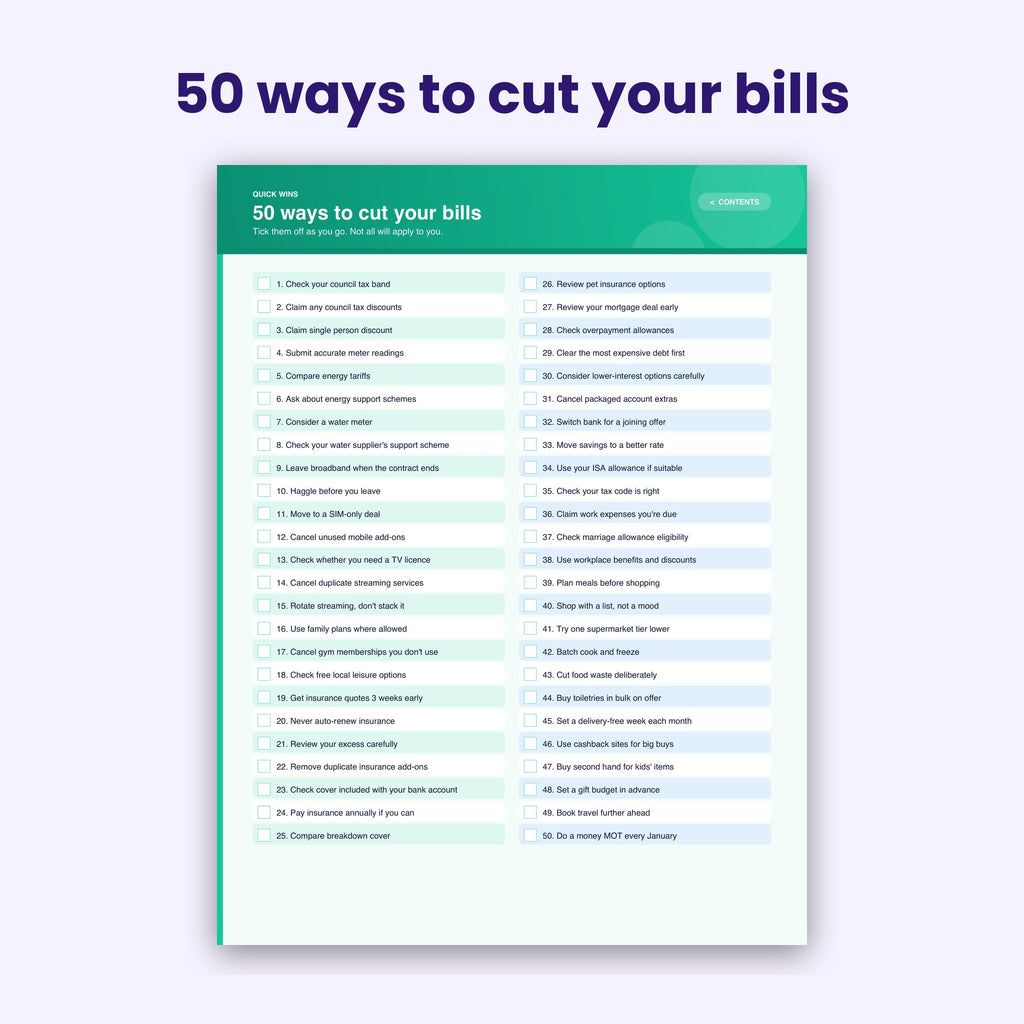 50 ways to cut your bills checklist