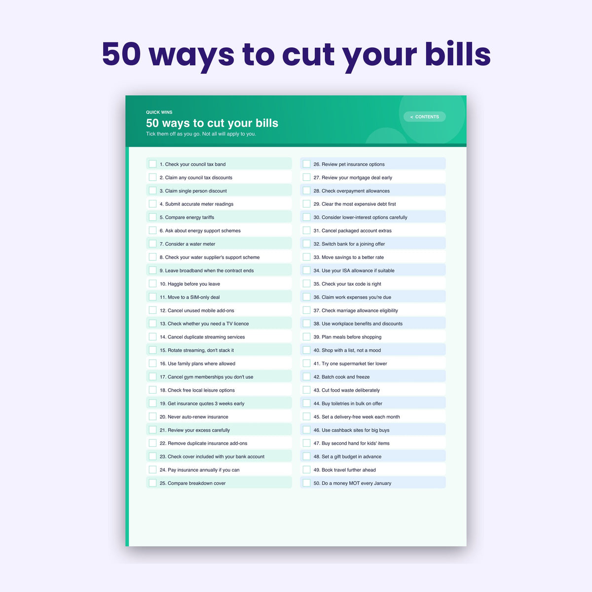 50 ways to cut your bills checklist