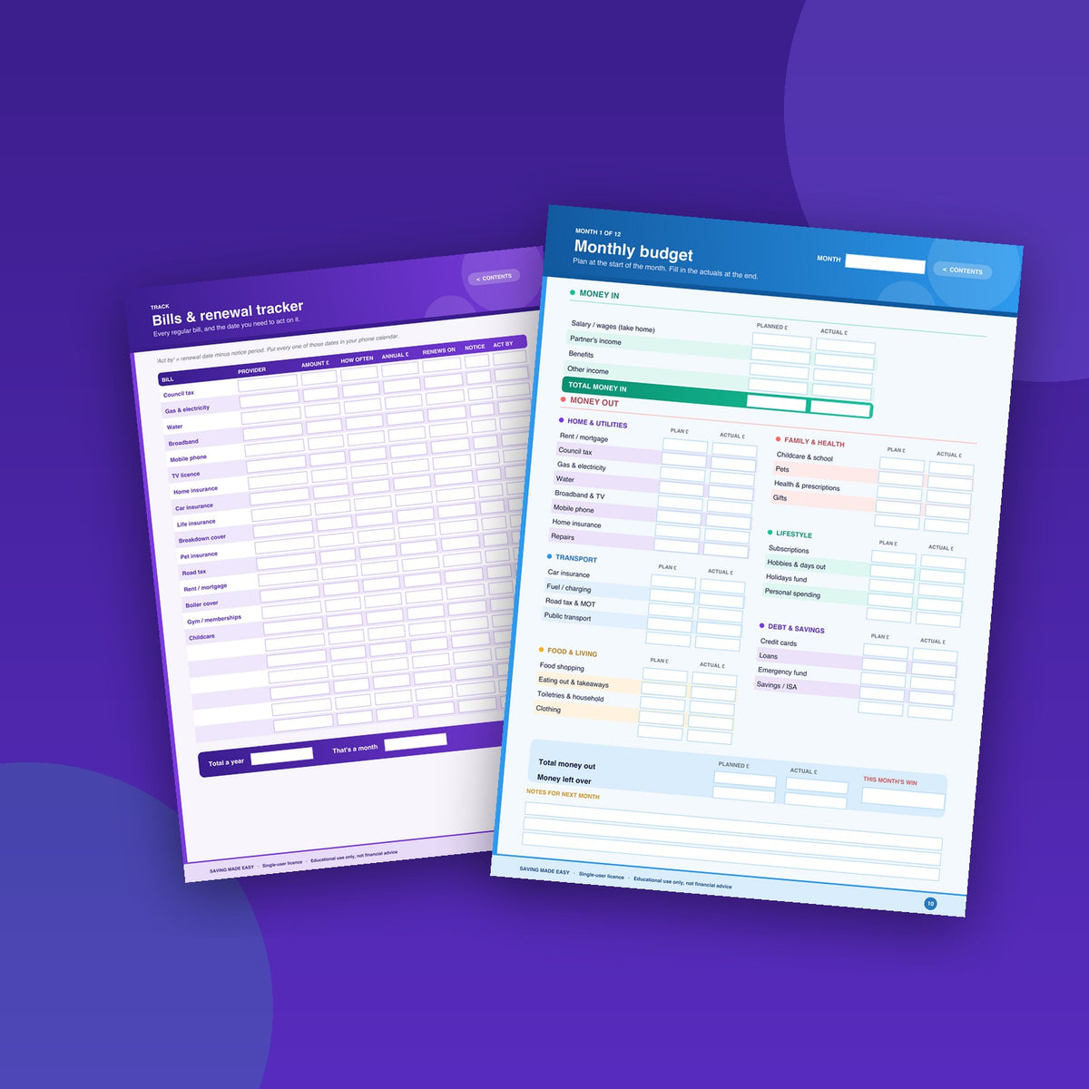 Pages from the Saving Made Easy planner